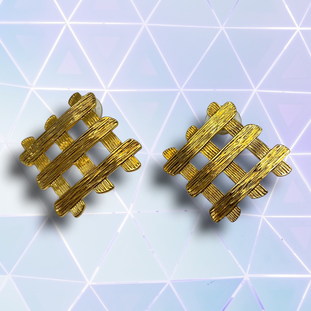 Vintage 1980's Criss Cross Gold Tone Textured Earrings Couture Runway Modernist
